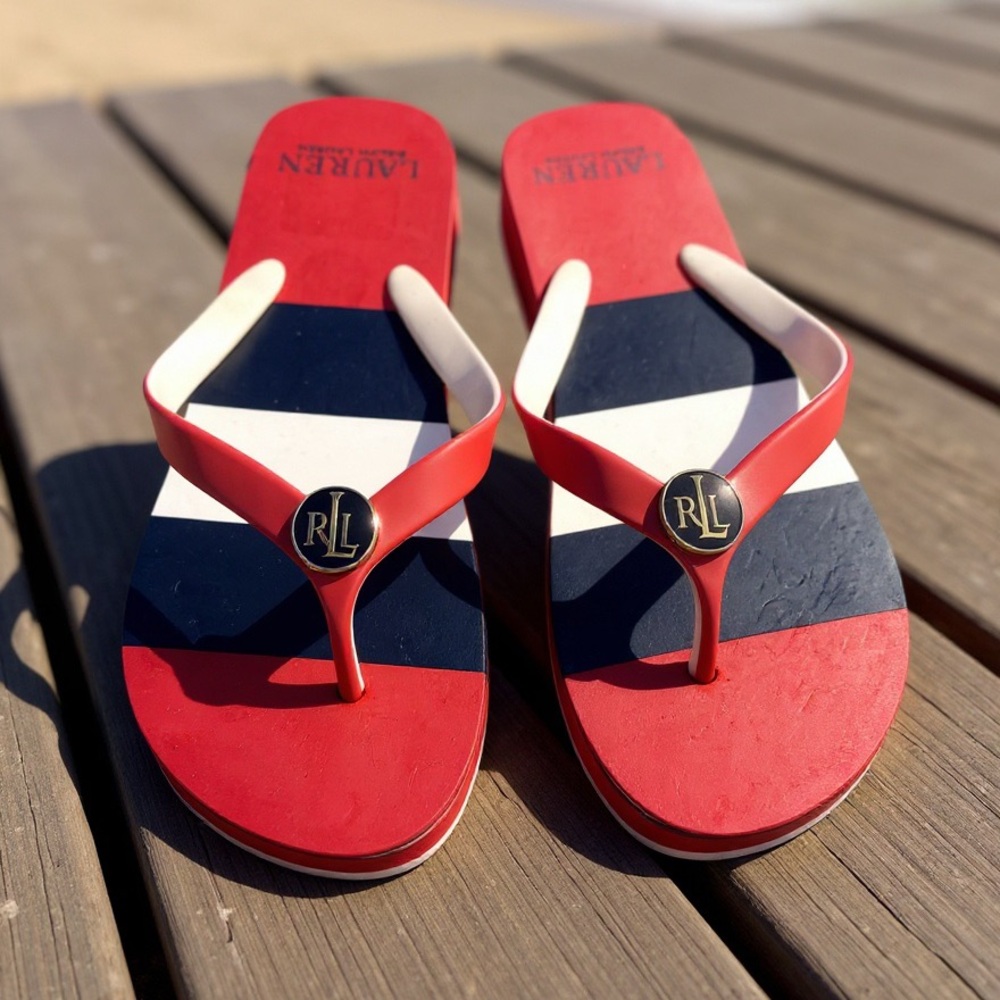 Lauren Ralph Lauren Red and Navy Striped Flip Flops 9-10